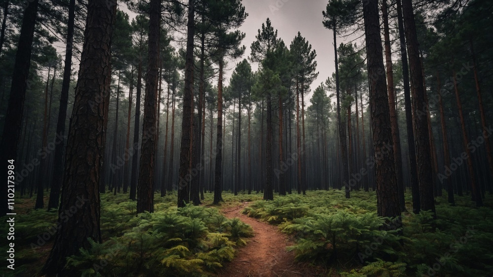 Obraz premium Tall pine trees evergreen forest outdoor path in the woods nature wallpaper background