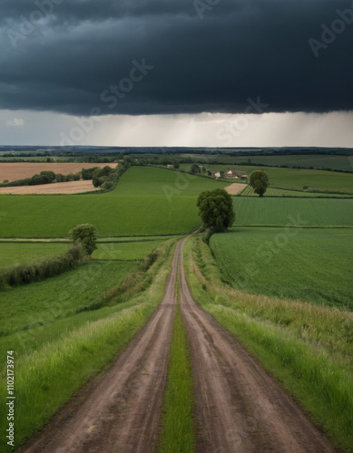 Endless rural road under dark, stormy clouds, cutting through green fields, symbolizing both tranquility and the power of nature