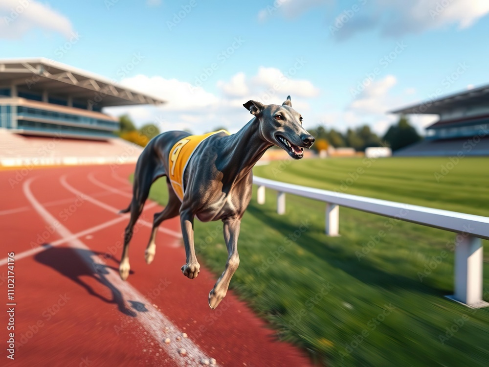 Long shot of greyhound on the track, track, landscape Long shot of greyhound on the track, track, landscape