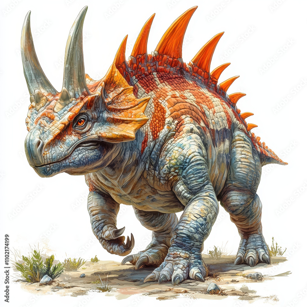 artistic composition of Stygimoloch dinosaur with vibrant colors and detailed textures, showcasing its unique features against clean white background