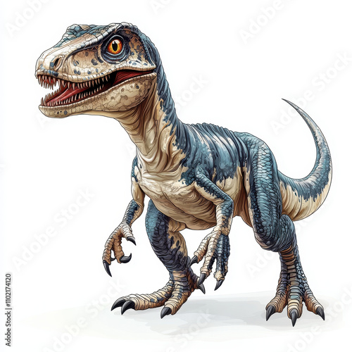 artistic representation of Sinraptor dinosaur with detailed features, showcasing its vibrant colors and fierce expression against clean white background