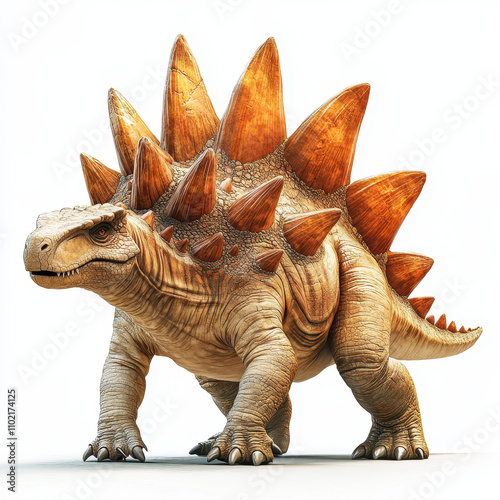 artistic composition of Stegosaurus with prominent spikes, showcasing its unique features against clean white background. This dinosaur evokes sense of prehistoric wonder and strength