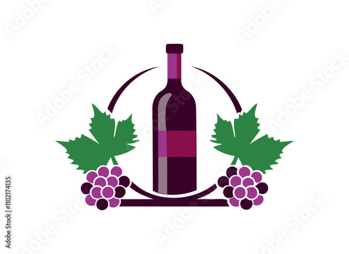 Elegant Wine Bottle and Grapes Icon with Green Leaves