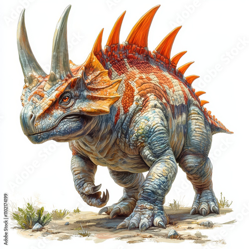 artistic composition of Stygimoloch dinosaur with vibrant colors and detailed textures, showcasing its unique features against clean white background