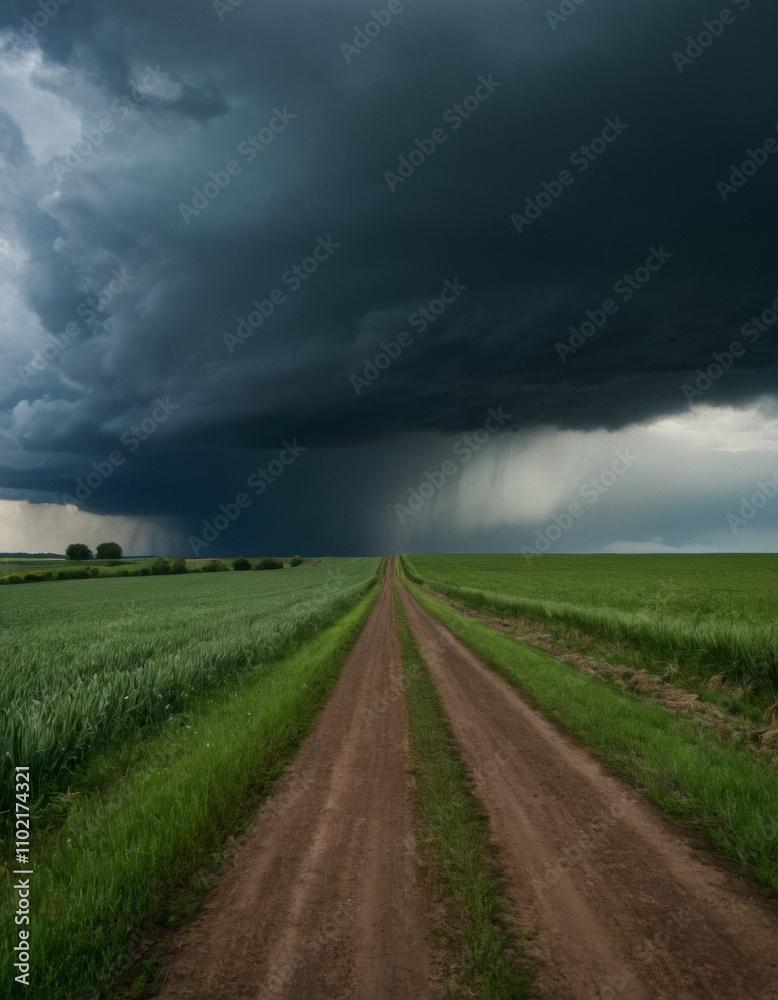 Endless rural road under dark, stormy clouds, cutting through green fields, symbolizing both tranquility and the power of nature Endless rural road under dark, stormy clouds, cutting through green fields, symbolizing both tranquility and the power of nature