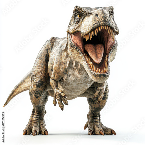 artistic composition of Tyrannosaurus rex with fierce expression, showcasing its detailed texture and powerful stance. This dinosaur stands out against clean white background, emphasizing its