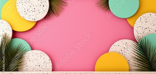 design style eclectic layout concept. A vibrant composition featuring colorful circular shapes and green leaves against a pink background, creating a playful and modern aesthetic.