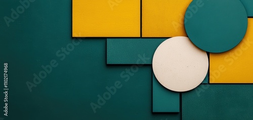 design style eclectic layout concept. A vibrant geometric design featuring teal, yellow, and neutral shapes arranged in an abstract composition.