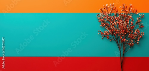 design style eclectic layout concept. A vibrant composition featuring colorful stripes in orange, turquoise, and red, with a decorative branch of berries enhancing the visual appeal.