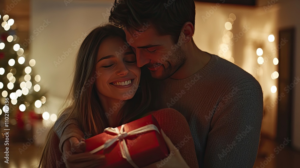 Smiling couple, woman holding a Valentine's Day gift, gentle embrace, celebrating love in a softly lit, intimate setting. Smiling couple, woman holding a Valentine's Day gift, gentle embrace, celebrating love in a softly lit, intimate setting.