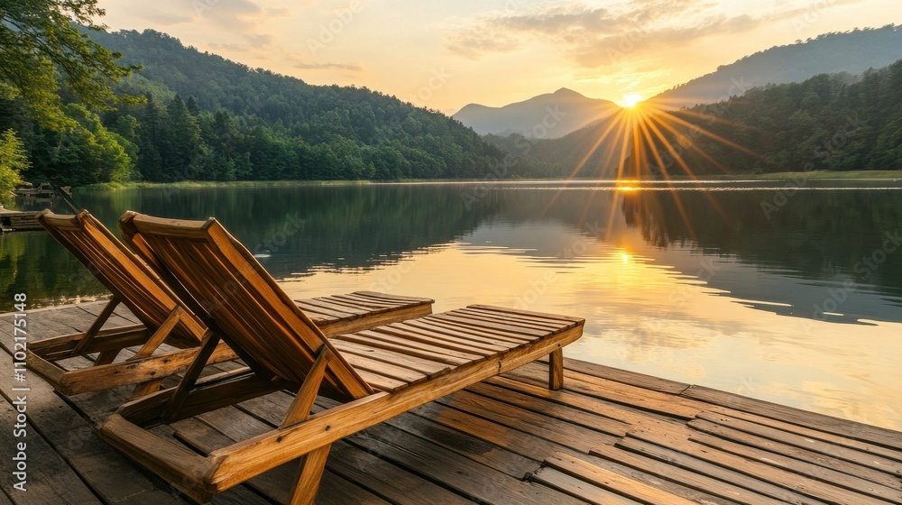 Naklejka premium Sunset Reflections: A Tranquil Lakeside Getaway