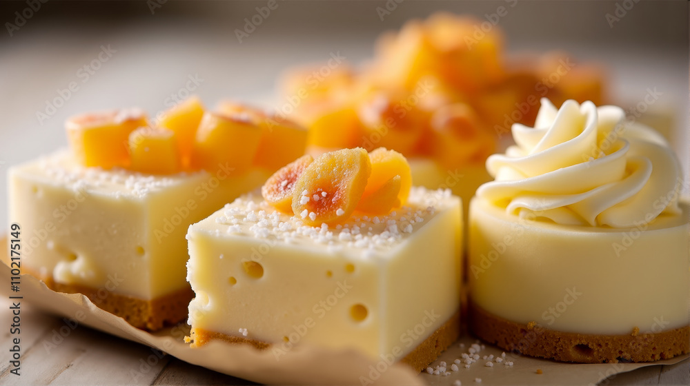 Delicious assortment of creamy cheesecakes topped with fruits and whipped cream on a rustic wooden table Delicious assortment of creamy cheesecakes topped with fruits and whipped cream on a rustic wooden table