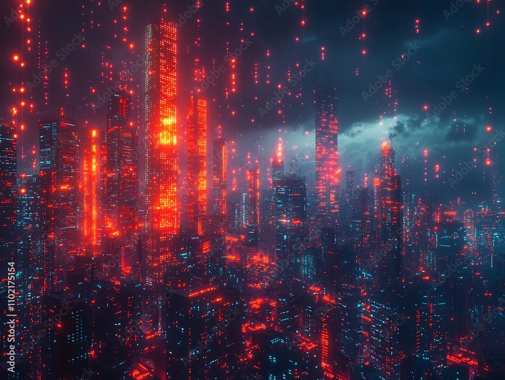 Fototapeta premium Futuristic Cityscape with Digital Graphs Representing the Growth and Trajectory of Tech Driven Businesses