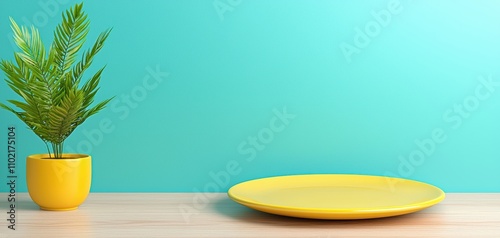 design style eclectic layout concept. A vibrant scene featuring a yellow plate beside a potted plant against a teal background, creating a cheerful and modern aesthetic.