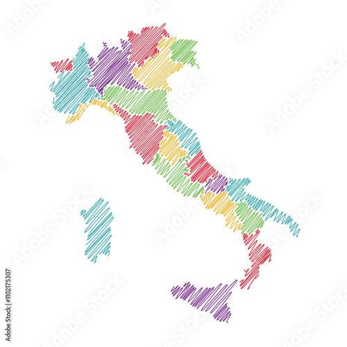 Italy with regions, thread map line vector illustration 1
