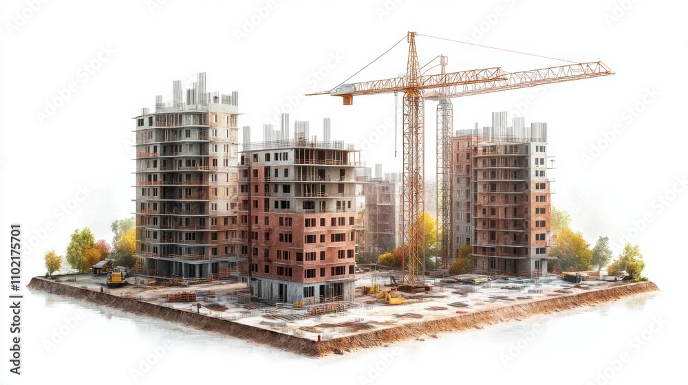Modern Construction Site with Crane and Buildings Modern Construction Site with Crane and Buildings