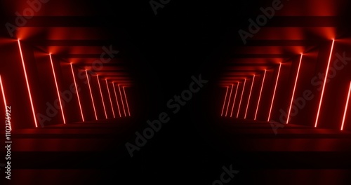 Futuristic interior background red lights glowing in black tunnel 3d render