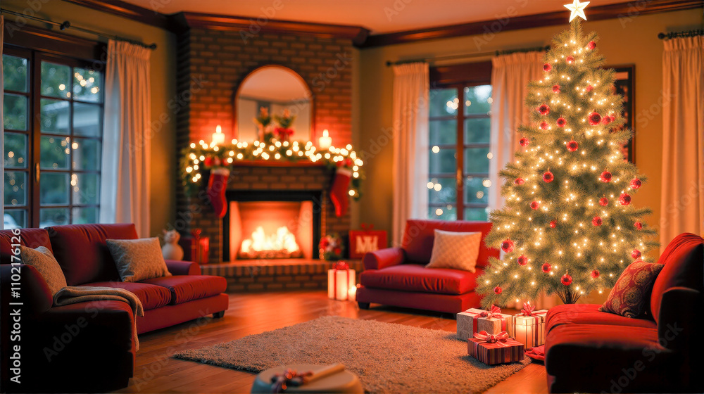 Cozy Christmas living room with beautifully decorated tree, fireplace, and festive ambiance in a warm home setting Cozy Christmas living room with beautifully decorated tree, fireplace, and festive ambiance in a warm home setting