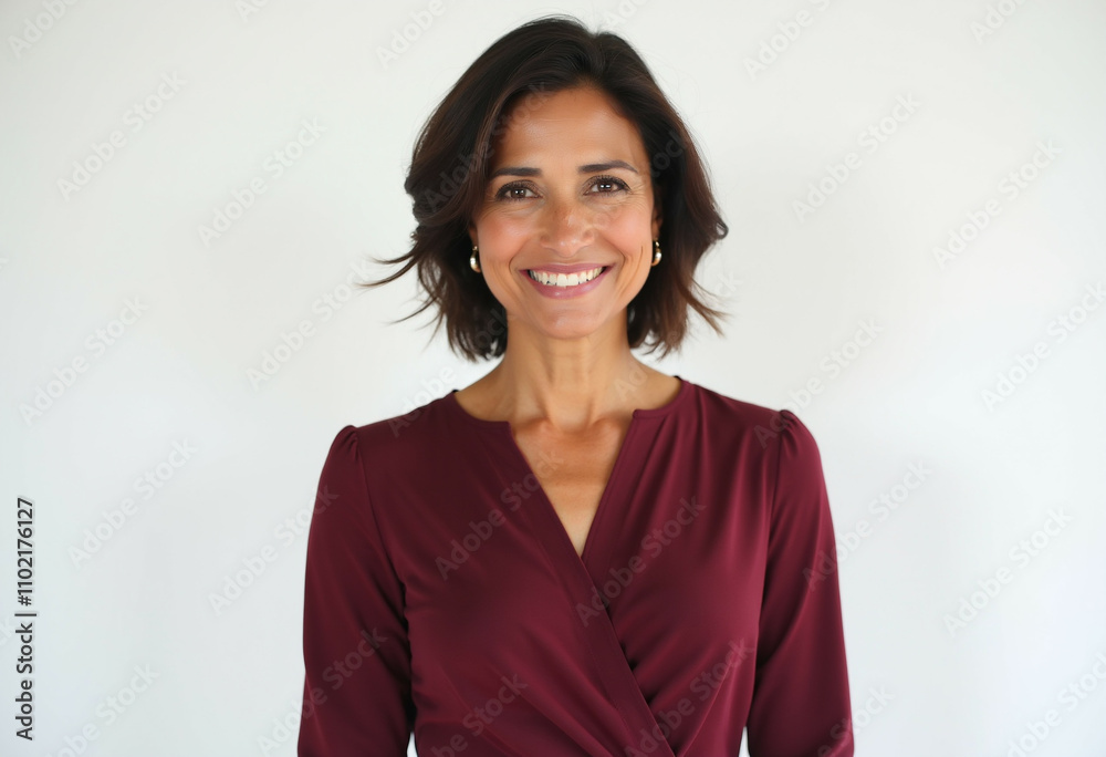 Smiling woman in maroon dress on white background. Smiling woman in maroon dress on white background.