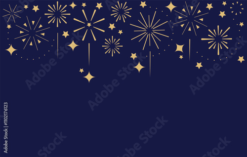 Golden firework and stars on the dark blue background. New Year, festival, holidays concept. Vector illustration. 