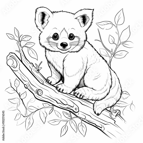 Cute red panda on the tree branch coloring page for kids. Simple animal coloring page