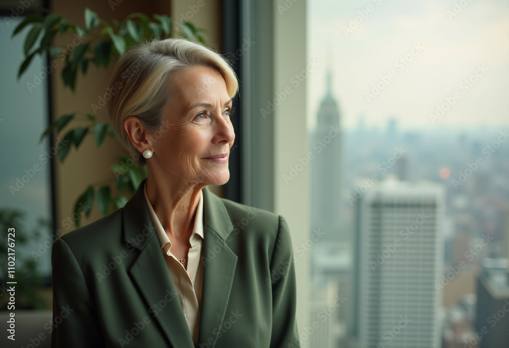 Confident mature businesswoman looks out a skyscraper window contemplating the city skyline. Confident mature businesswoman looks out a skyscraper window contemplating the city skyline.