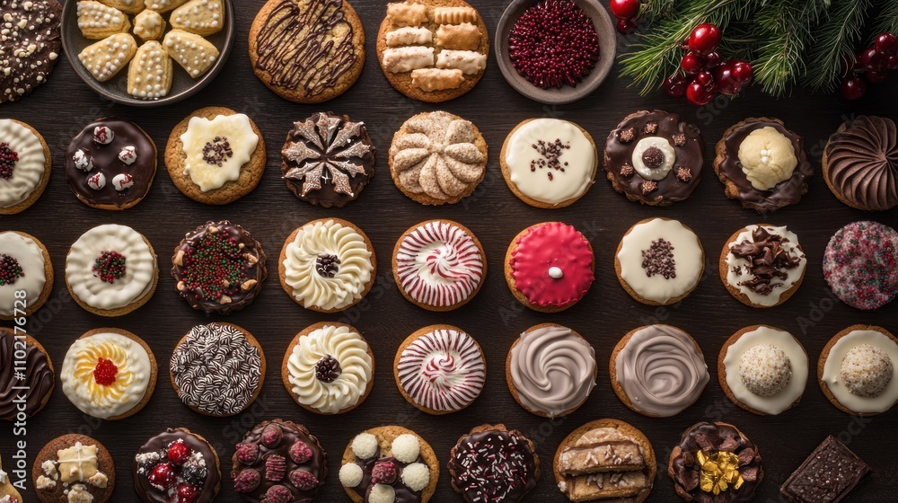Flat lay of holiday cookies arranged beautifully on a table, showcasing their colors and designs. Flat lay of holiday cookies arranged beautifully on a table, showcasing their colors and designs.