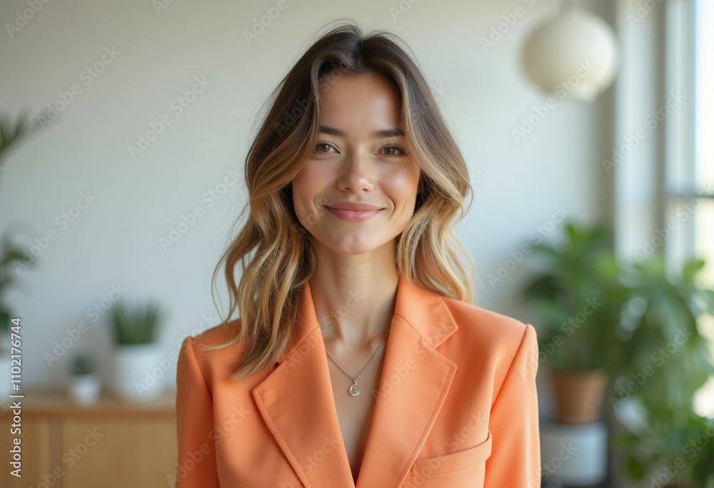 A smiling woman with long brown hair wearing an orange blazer and a delicate necklace. A smiling woman with long brown hair wearing an orange blazer and a delicate necklace.
