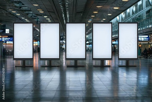 Five empty vertical posters mock-ups glowing with a LED neon light in an airport terminal; a group of blank banners templates in a corridor of a shopping mall; mockups of 5 indoor