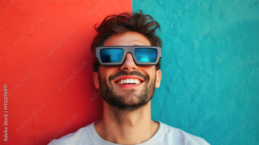 Happy smiling young man wear glasses enjoying 3D movie, popcorn, watching film cinema, cheerful audience member at premiere, fun and leisure time in theater with entertainment snack