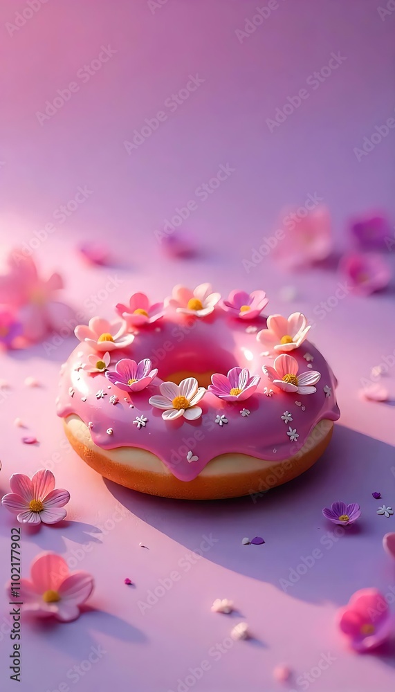 A pink frosted donut decorated with small pink and white flowers A pink frosted donut decorated with small pink and white flowers
