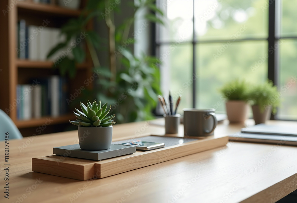 A minimalist workspace with succulents a wooden organizer and a mug near a window. A minimalist workspace with succulents a wooden organizer and a mug near a window.