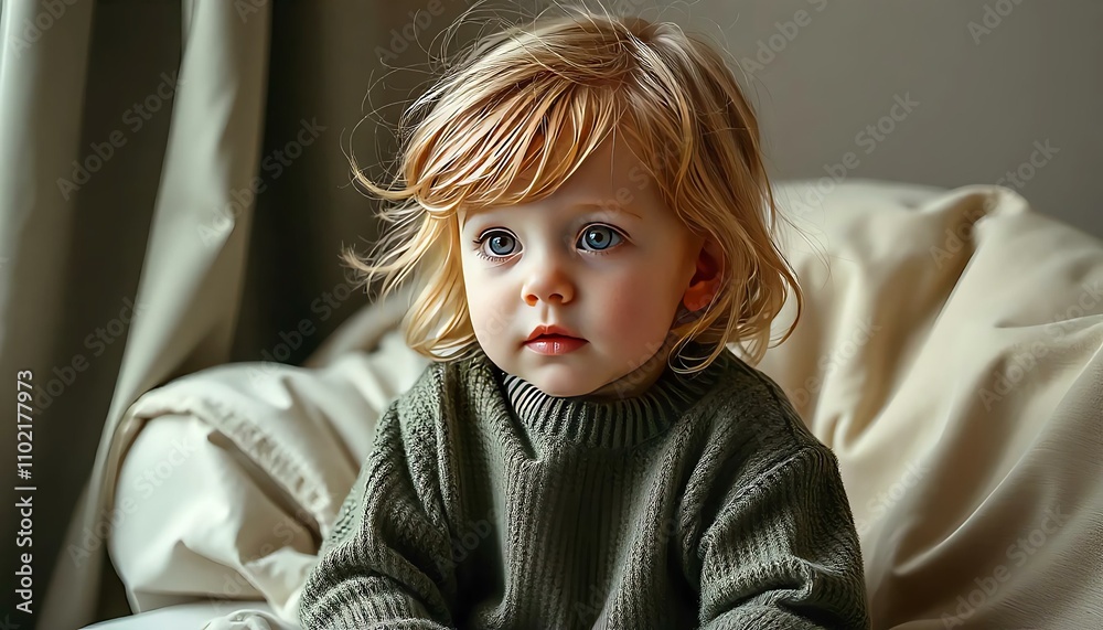 A young Caucasian baby girl with blonde curly hair , sitting on a couch A young Caucasian baby girl with blonde curly hair , sitting on a couch