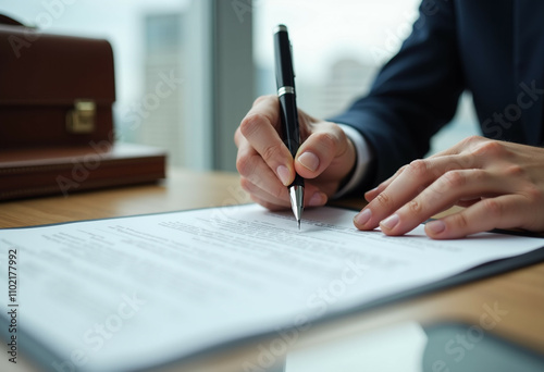 A person in a suit carefully signs an important legal document using a pen. photo