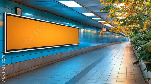 OOH Extrreme Horizontal blank advertising billboard poster template mock up in a long tunnel walkway outofhome media display space mockup in pedestrian linkway digital display : Ge