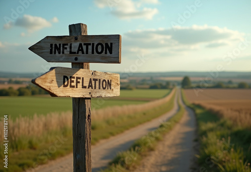 Economic choice between inflation and deflation symbolized by signpost.