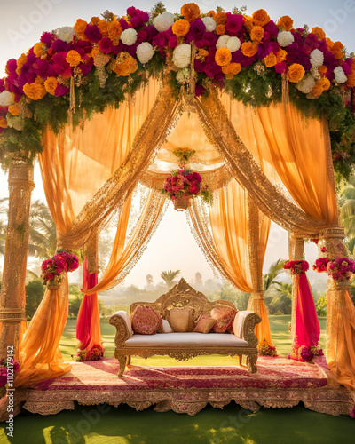  wedding stage decor, floral wedding stage, flower arrangements, wedding floral backdrop, elegant wedding stage, luxurious stage design, romantic flower decor, wedding canopy with flowers, vibrant flo