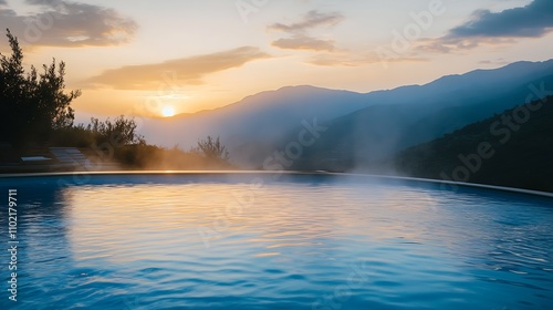 Captivating Mountain Sunset with Misty Infinity Pool Reflections for Perfect Evening Relaxation : Generative AI