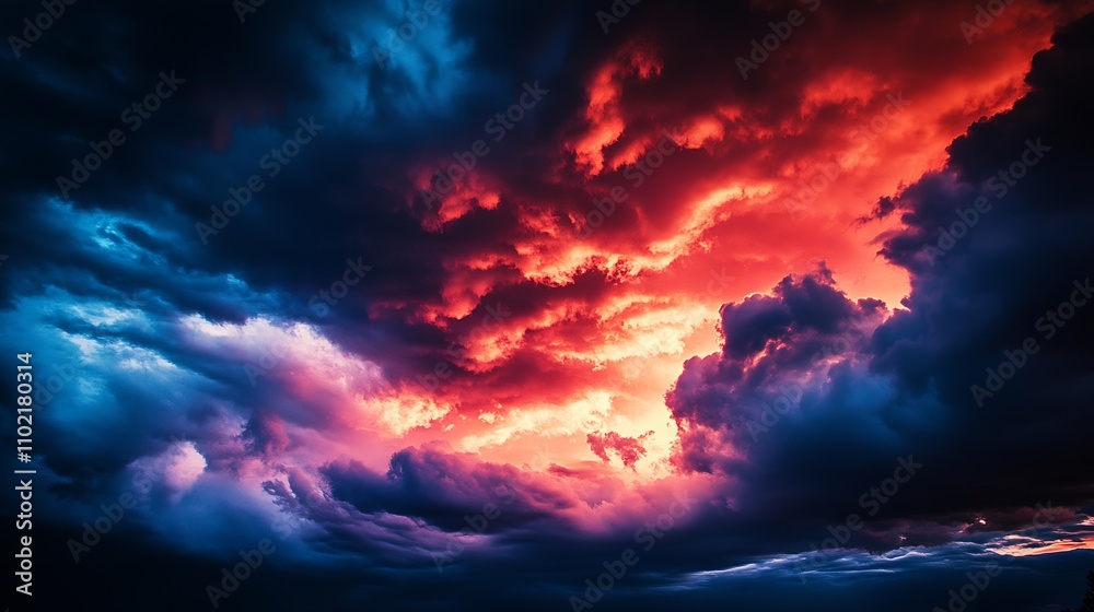 Dramatic twilight sky with red and blue storm clouds at sunset : Generative AI Dramatic twilight sky with red and blue storm clouds at sunset : Generative AI