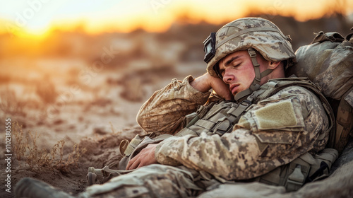 Tired soldier in full combat uniform resting in desert landscape