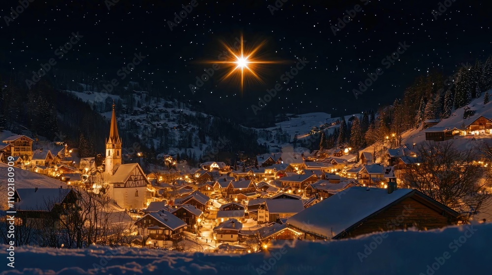 A celestial scene featuring the Christmas star illuminating a snowy village at night, creating a magical atmosphere. A celestial scene featuring the Christmas star illuminating a snowy village at night, creating a magical atmosphere.