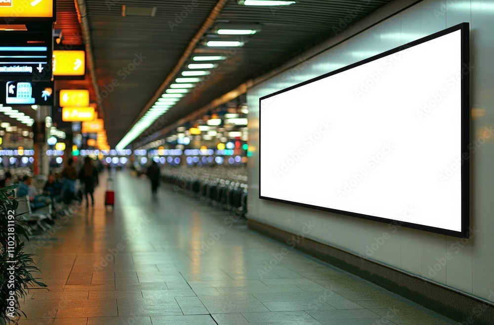 Long wide blank white advertisement board mockup template on the wall by a luggage carousel in an airport. , isolated on white background, , copy space, copy space for text, Long wide blank white advertisement board mockup template on the wall by a luggage carousel in an airport. , isolated on white background, , copy space, copy space for text,