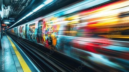 Fast subway train with graffiti art, motion blur.