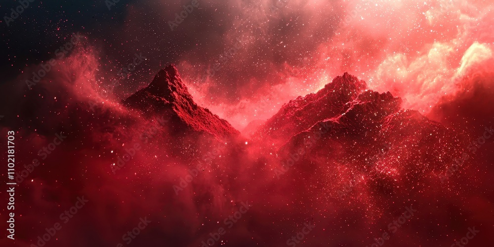 Red and white space with a mountain in the background