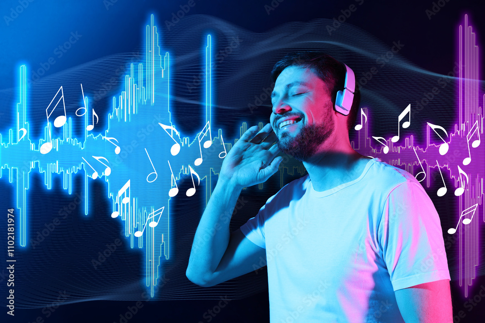 Happy man with headphones in neon lights against dark blue background. Music notes and sound waves near him Happy man with headphones in neon lights against dark blue background. Music notes and sound waves near him