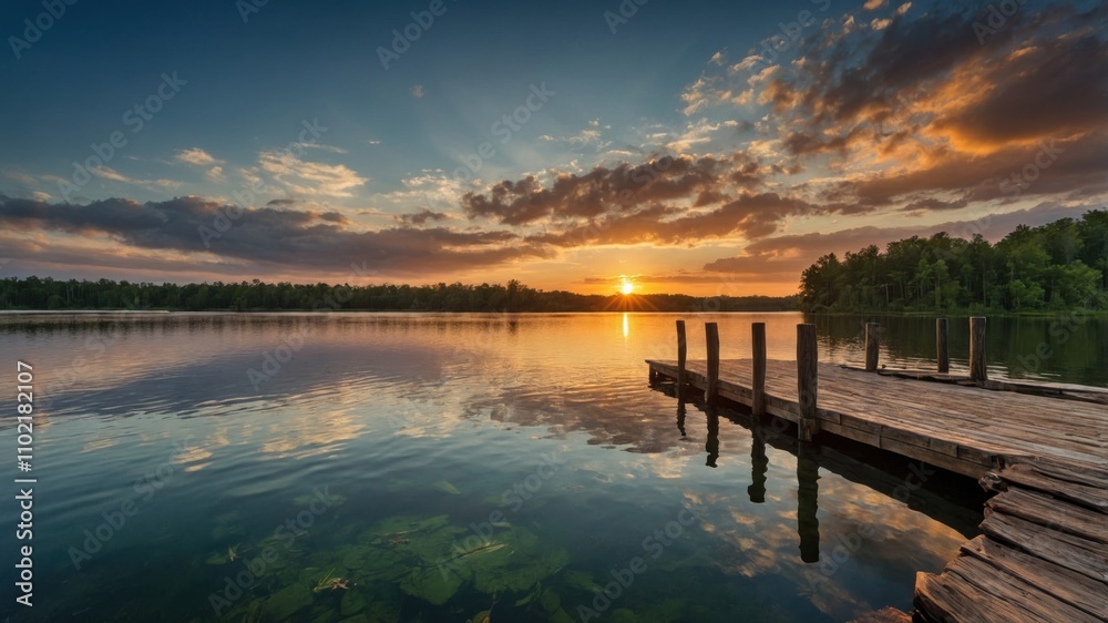 Obraz premium Serene sunset over a tranquil lake with a wooden dock surrounded by lush greenery