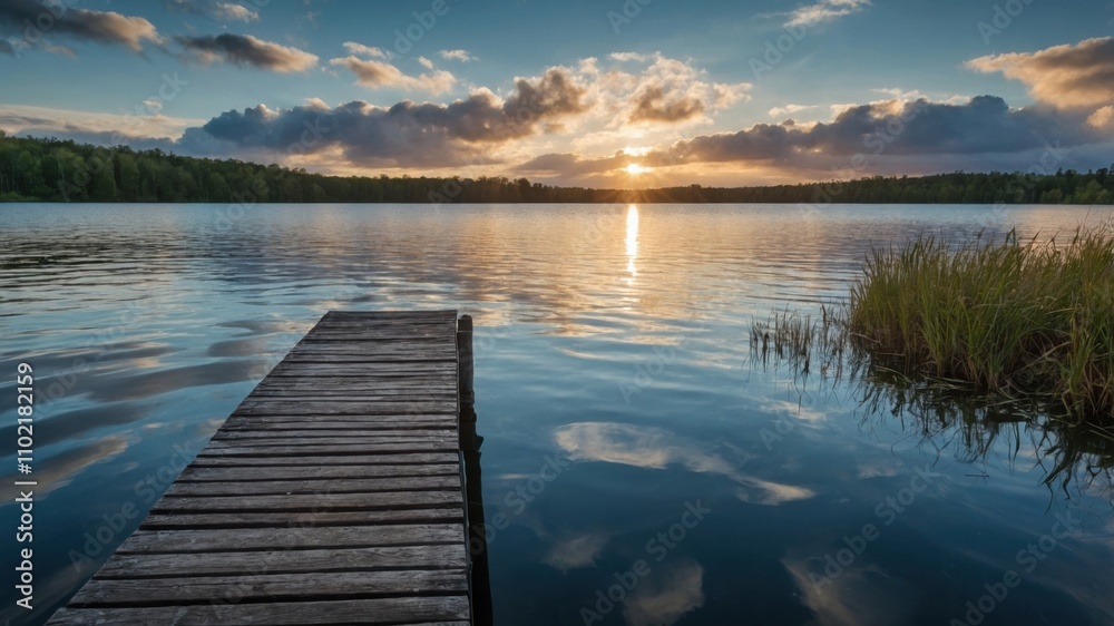 Sunset over tranquil lake with wooden dock and lush greenery reflecting in water Sunset over tranquil lake with wooden dock and lush greenery reflecting in water