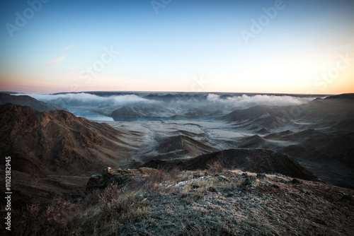 Horizontal foggy valley landscape view
