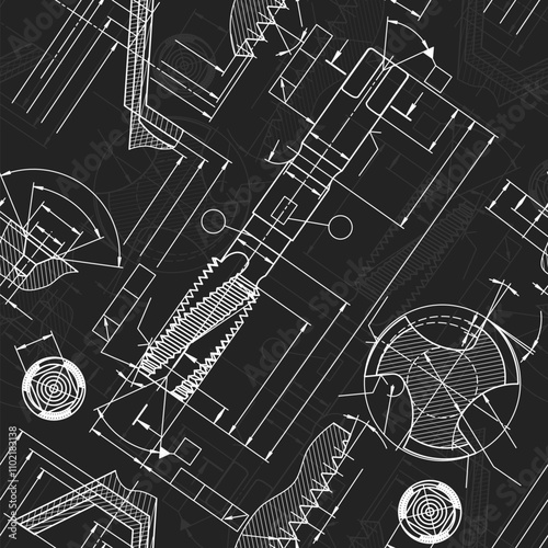 Mechanical engineering drawings on black background. Tap tools, borer. Technical Design. Cover. Blueprint. Seamless pattern. Vector illustration.