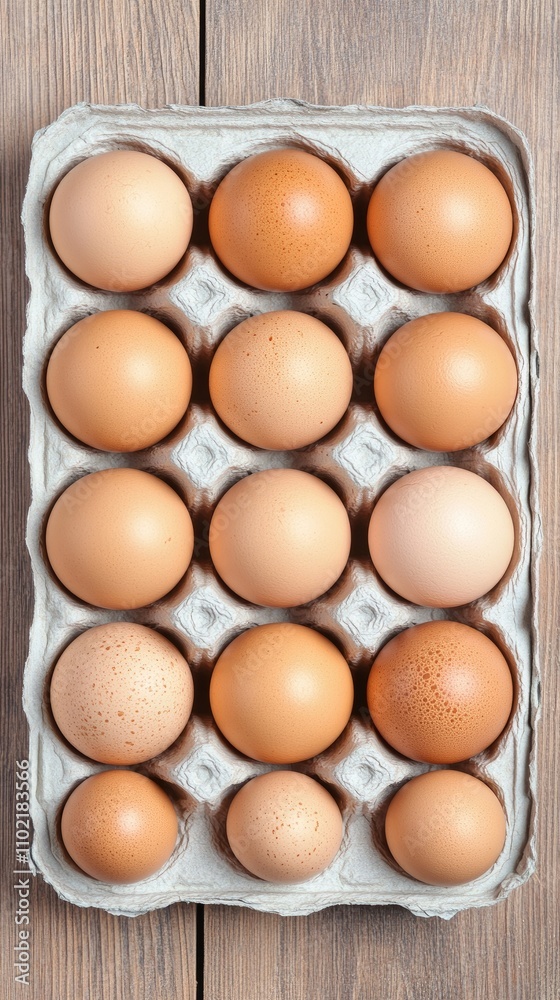 Fresh brown eggs arranged in a carton on a rustic wooden table with natural lighting highlighting their textures Fresh brown eggs arranged in a carton on a rustic wooden table with natural lighting highlighting their textures